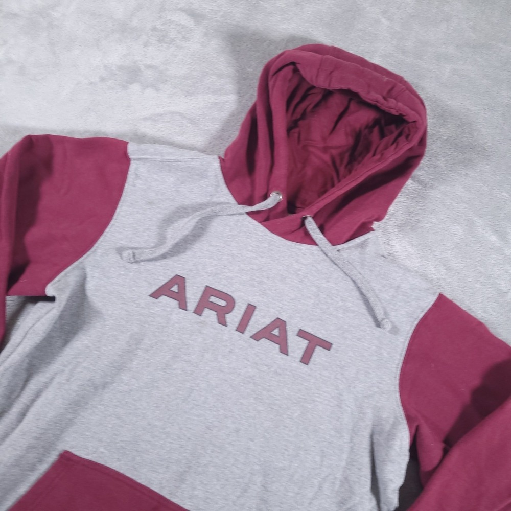Ariat Hoodie Adult Medium Grey Red Pullover Logo‎ Kangaroo Pocket Sweatshirt